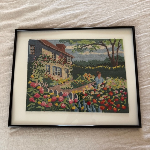 Vintage Framed Large English Cottage Garden Cross Stitch - Picture 1 of 5